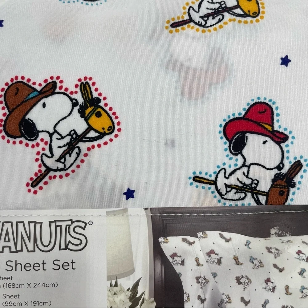 Peanuts Snoopy Twin Size Ride ‘Em Cowboy Sheet Set 3 piece white NWT